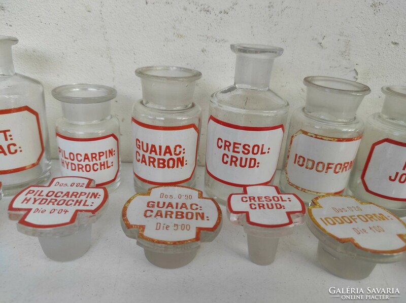 Antique doctor drug pharmacy pharmacist 12 glass jars with painted inscriptions 863 7427
