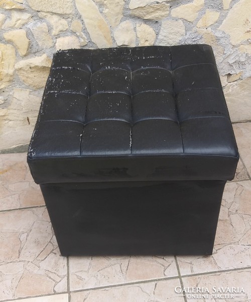 Black leather pouf seat storage