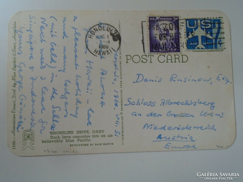 D195674 Gömöri György által írt képeslap Honolulu Hawaii 1960, küldve Denis Rusinov -Ausztria