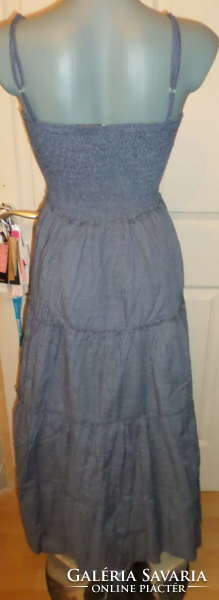 Women's blue denim effect long dress with 38 straps