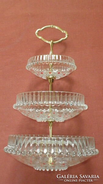 Asztali kínáló, emeletes, réz - festett üveg kombi, 34 cm, újszerű