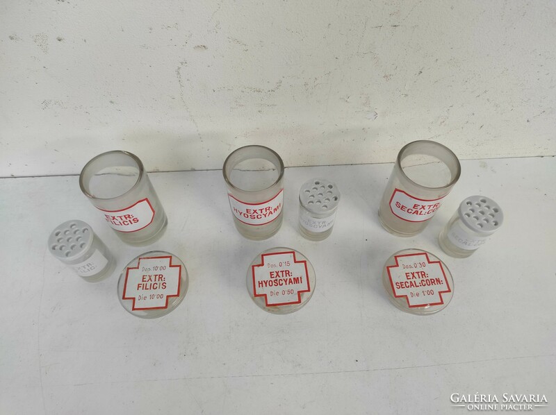 Antik orvos gyógyszer patika gyógyszerész 3 db tégely üveg festett felirattal 846 7425