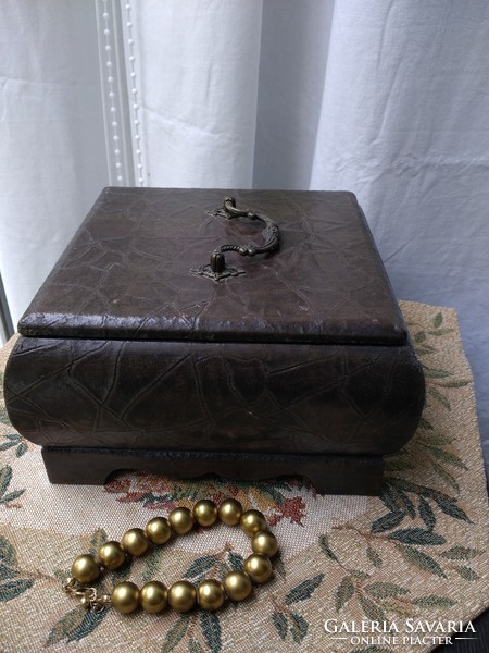 Antiqued brown wood, coated jewelry box, lined with velvet