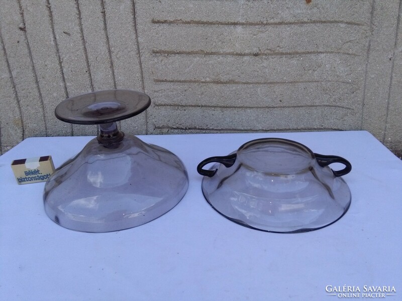 Smoke-colored glass fruit bowl with base and serving bowl with handle - together