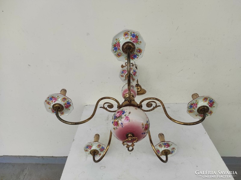 Antique 5-arm rose motif Flemish chandelier with porcelain insert + 5 new candles and bulbs 843 7410
