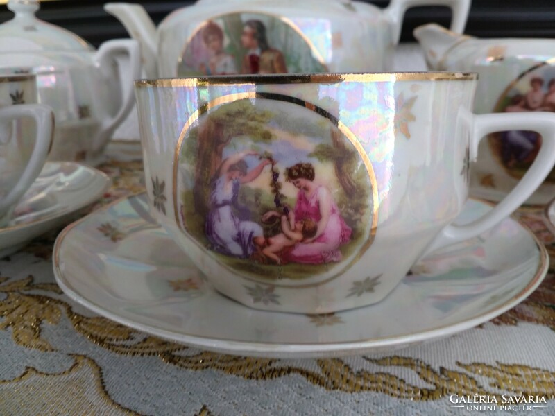 Old iridescent Czech porcelain tea set, decorated with allegorical paintings by Angelika Kaufman