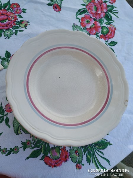 Antique red and blue striped tableware for sale! 9 unmarked deep plates for replacement.