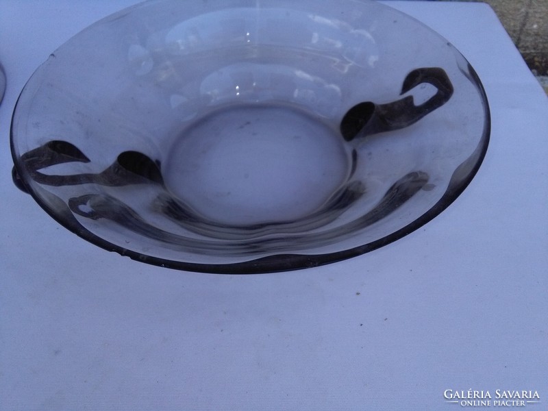 Smoke-colored glass fruit bowl with base and serving bowl with handle - together