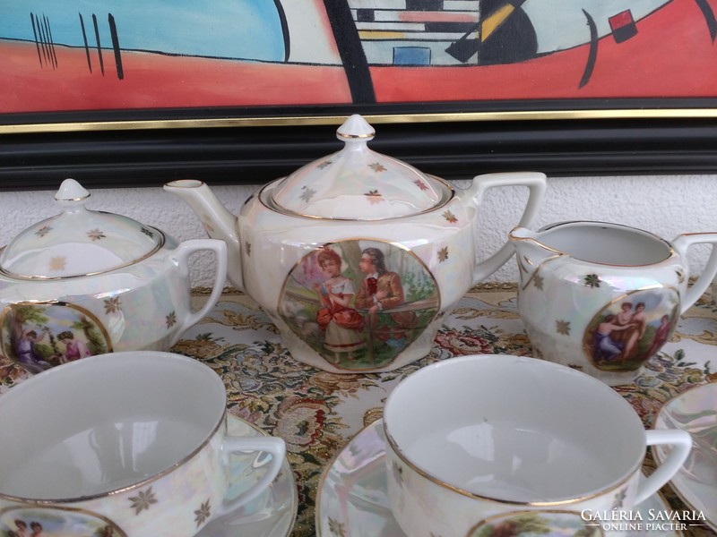 Old iridescent Czech porcelain tea set, decorated with allegorical paintings by Angelika Kaufman