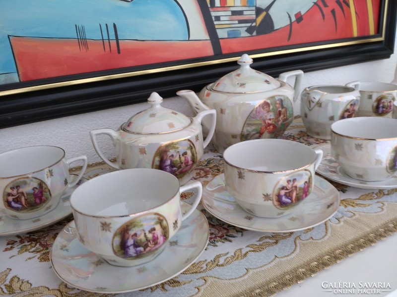 Régi  irizáló cseh porcelán teás készlet, Angelika Kaufman allegorikus festményekkel díszítve