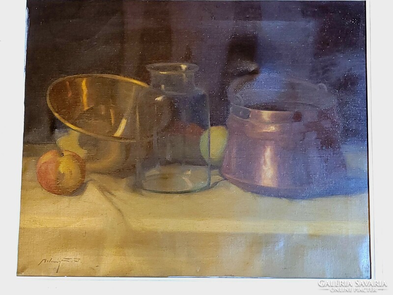 Molnár z. János (1880-1960) kitchen still life with copper cauldron and copper foam