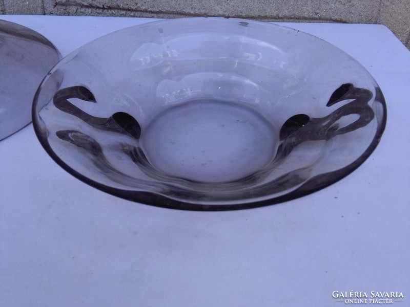 Smoke-colored glass fruit bowl with base and serving bowl with handle - together