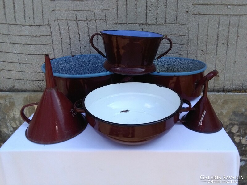 Old enamel pots, funnels, filter together - folk, peasant decoration