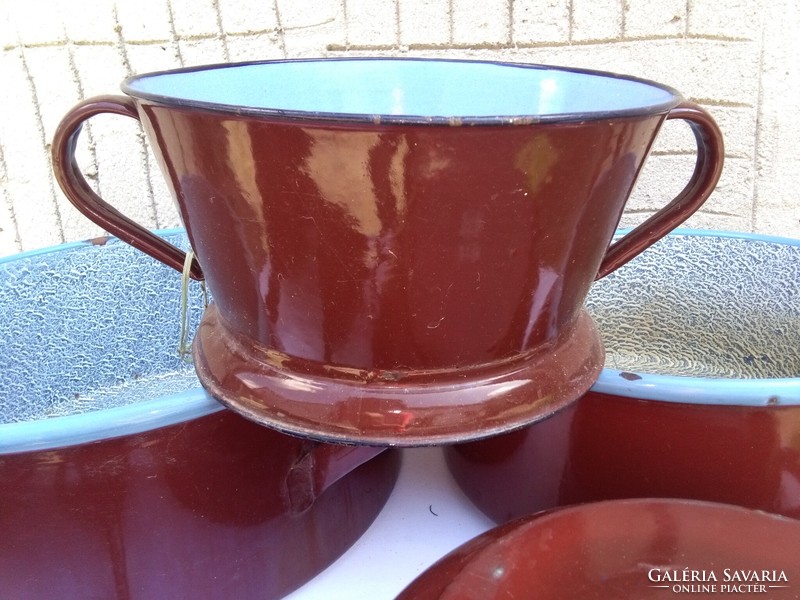 Old enamel pots, funnels, filter together - folk, peasant decoration