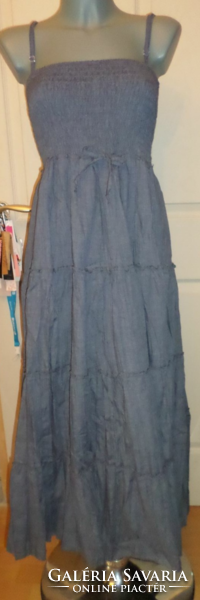 Kék színű farmerhatású női hosszú ruha 38 pántos