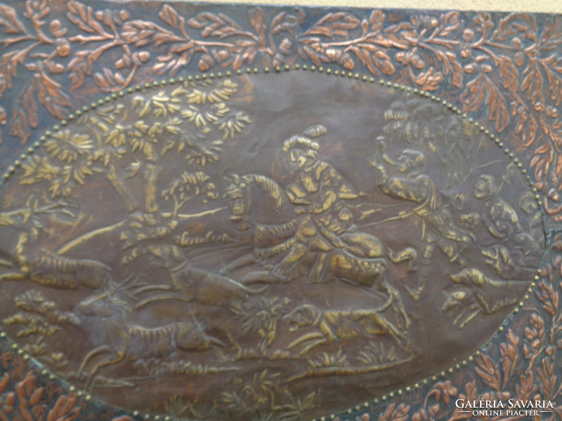 Antique, large-scale wall picture depicting a hunting scene, goldsmith's work 90 x 65 cm