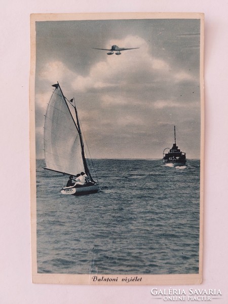 Régi képeslap balatoni viziélet fotó levelezőlap hidroplán hajó vitorlás