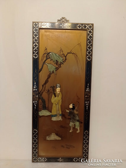 Antique Chinese relief inlaid painted life picture black lacquer furniture wall picture China Asia 2 4367