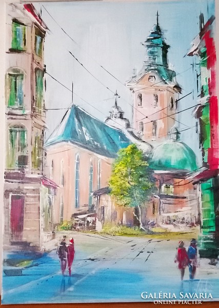 "Derűs kisvárosi hétvégel"festmény.70x 50 cm-es feszített vászon