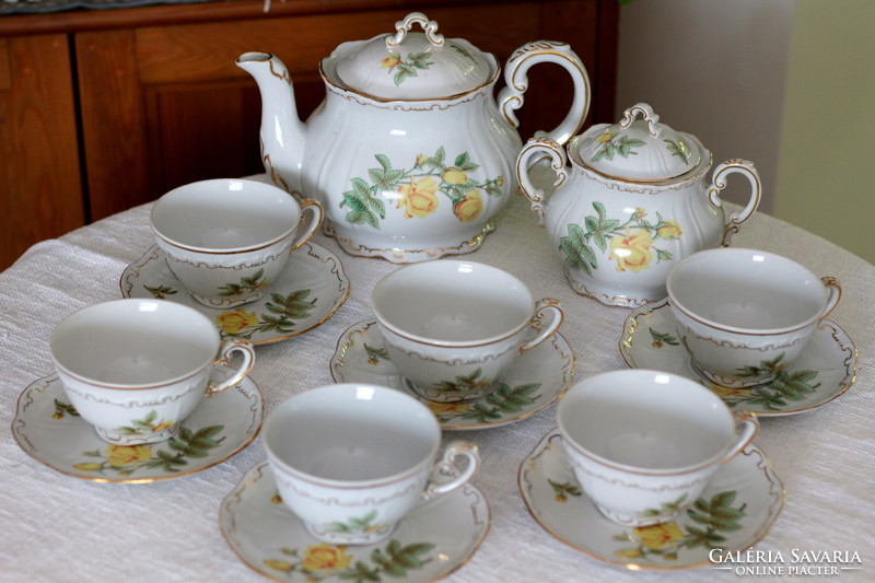 Zsolnay porcelain, yellow rose, baroque feathered tea set, beautiful, display case condition
