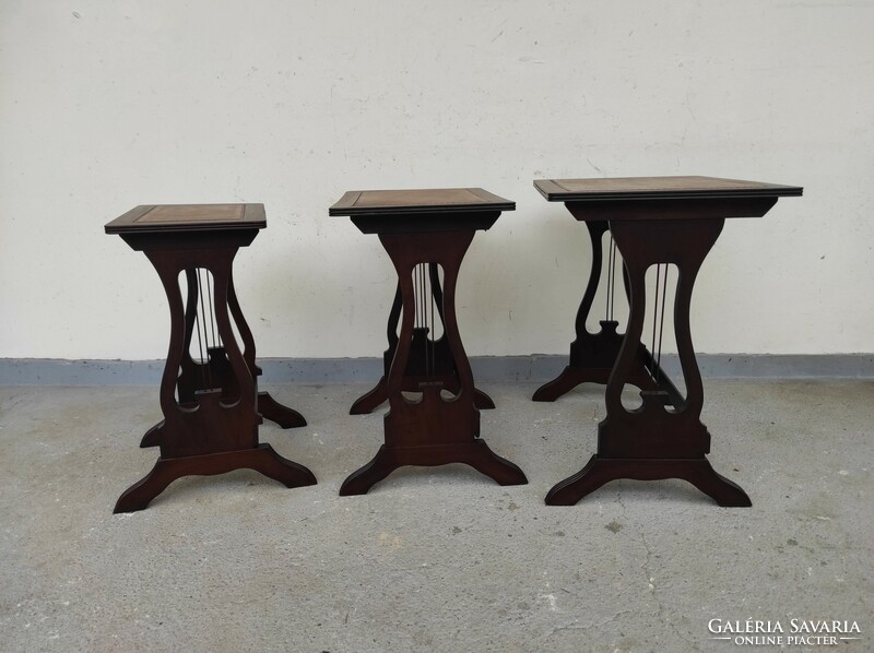 Antique 3-piece carved table row, push-together small table with pattern insert 892 7440