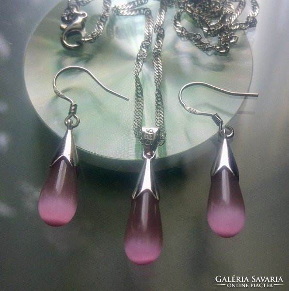 Silver jewelry set with pink waterdrop opal cat's eye stone