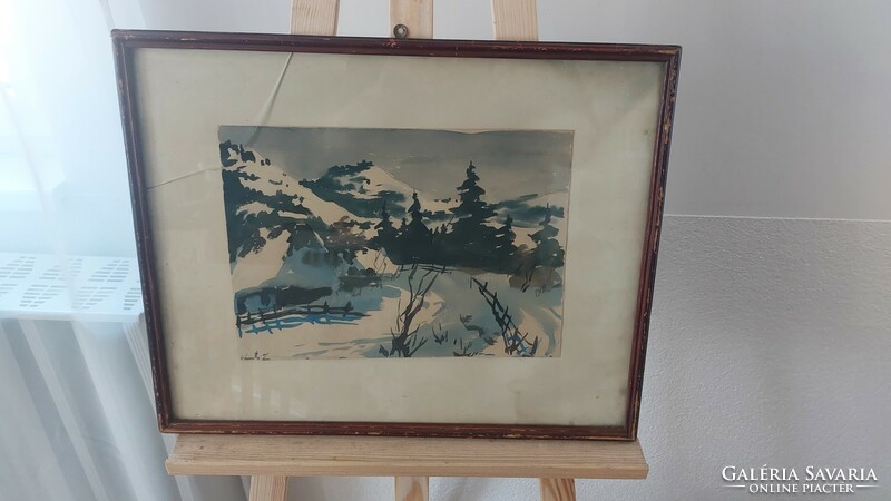 (K) Régi akvarell festmény téli hegyvidék 51x42 cm kerettel, szignózott