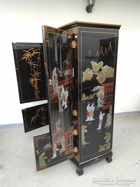 Antique Chinese furniture painted geisha life portrait motif large black lacquer cabinet 602 7350