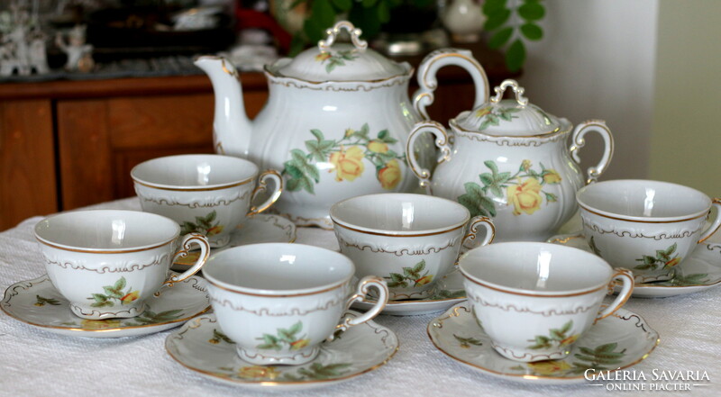 Zsolnay porcelán, sárga rózsás, barokk tollazott teás készlet, gyönyörű, vitrin állapot