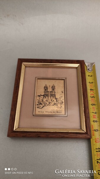 Antique old gold foil cromo lithograph framed marked picture roma trinita dei monti