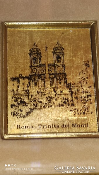 Antique old gold foil cromo lithograph framed marked picture roma trinita dei monti