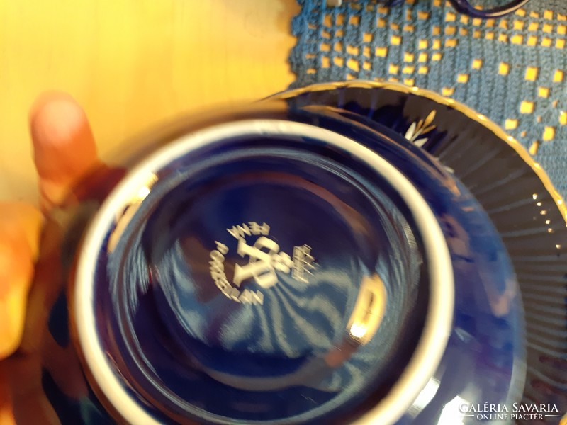 Fena kék kobalt reggeliző készlet csésze kistányér gyöngyvirág aranyozott