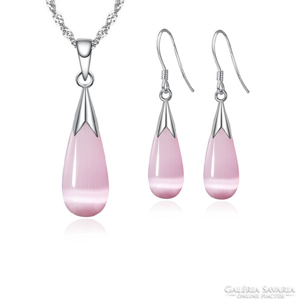 Silver jewelry set with pink waterdrop opal cat's eye stone