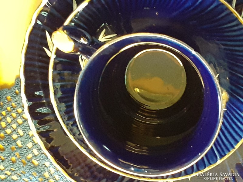 Fena kék kobalt reggeliző készlet csésze kistányér gyöngyvirág aranyozott lepattanás