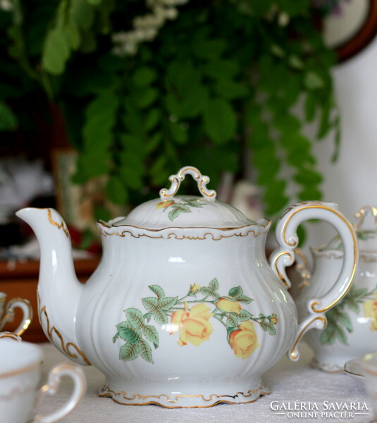 Zsolnay porcelán, sárga rózsás, barokk tollazott teás készlet, gyönyörű, vitrin állapot