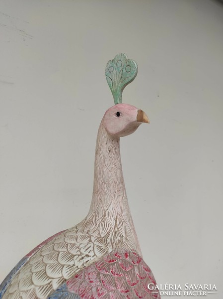 Antique peacock wooden sculpture painted colored India 847 7414