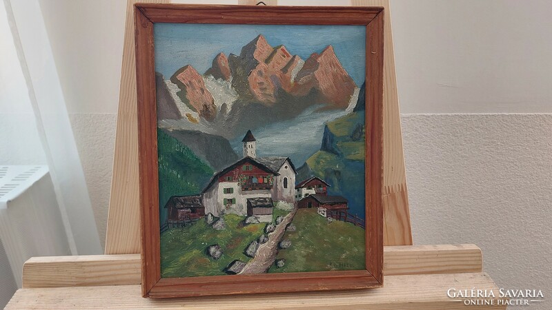 (K) Tájkép festmény házikóval, hegyekkel 24,5*29,5 cm kerettel, szignózott