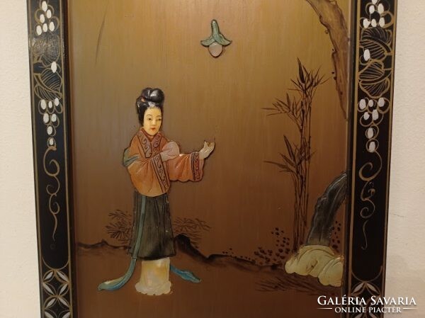 Antik kínai dombor berakásos festett életkép fekete lakk bútor fali kép Kína Ázsia 1 4366