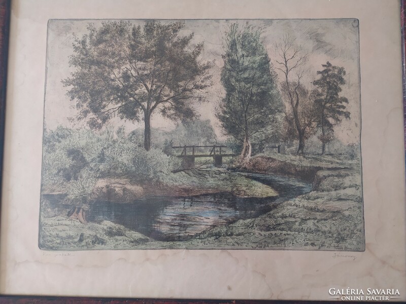 Ferenc Jánossy: small stream colored etching, signed, in original frame, 57 x 46 cm