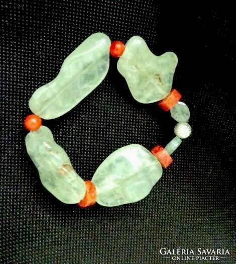 Apple green prehnite mineral bracelet with coral