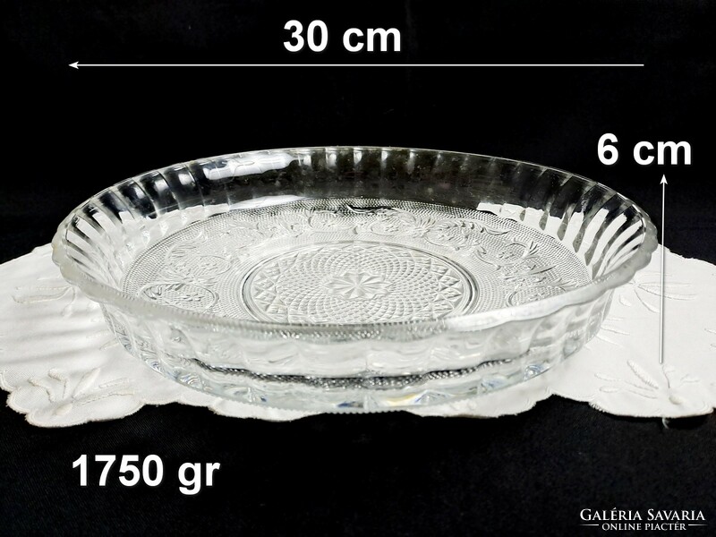 Nagyon szép 30 cm-es mintás mély üveg süteményes kínáló tál súlyos darab