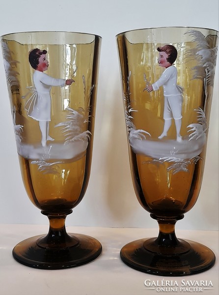 Pair of antique enamel-painted glasses, Czech, 19th century (Mary Gregory style)