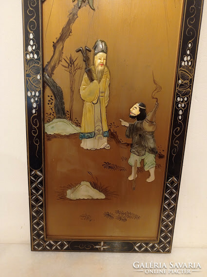 Antique Chinese relief inlaid painted life picture black lacquer furniture wall picture China Asia 2 4367