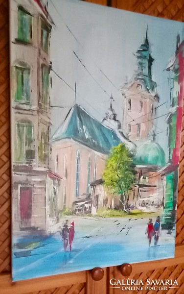 "Derűs kisvárosi hétvégel"festmény.70x 50 cm-es feszített vászon