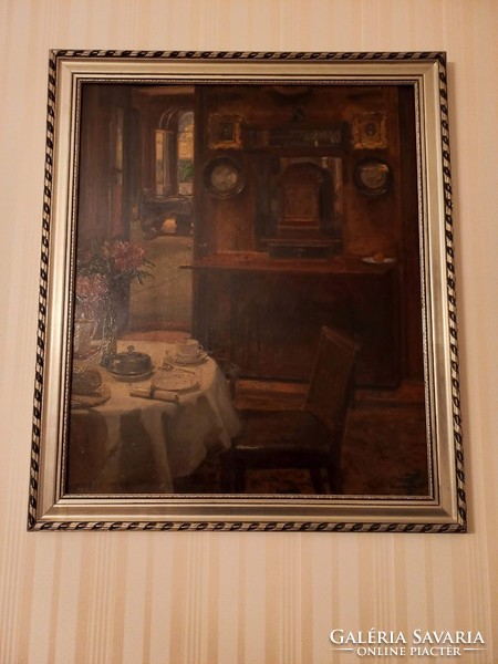 Imre Knopp painting: English interior, room interior, still life