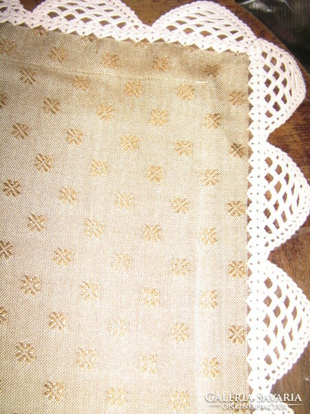 Dreamy, elegant, hand-crocheted edge, antique gold floral woven tablecloth