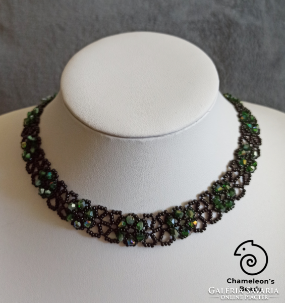 "Black and Green Beading Lace Necklace" csipkemintás gyöngyfűzött nyakék