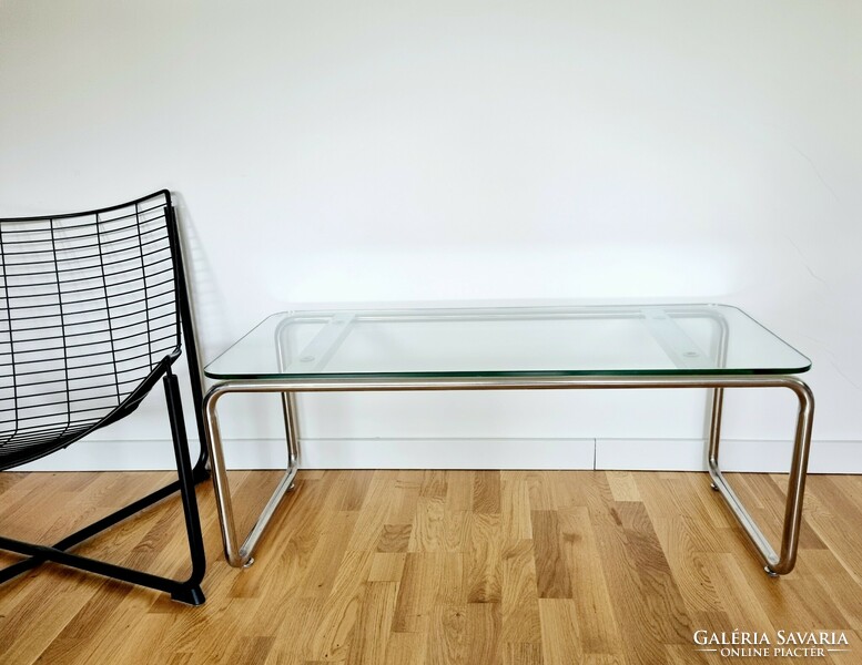 Bauhaus stílusú csővázas üvegasztal, dohányzóasztal