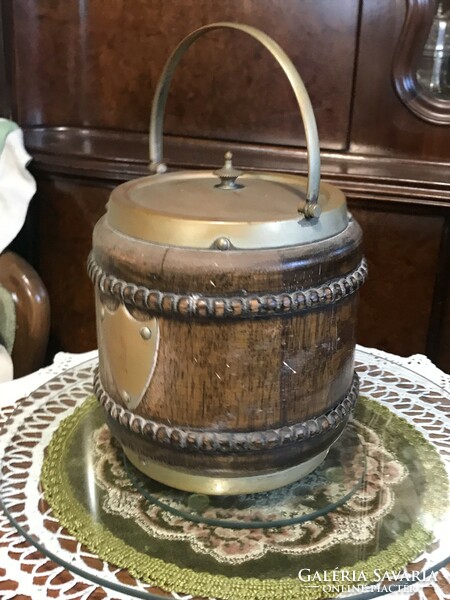 Old biscuit box with porcelain insert, bonbonier wood, with metal fittings, special beauty