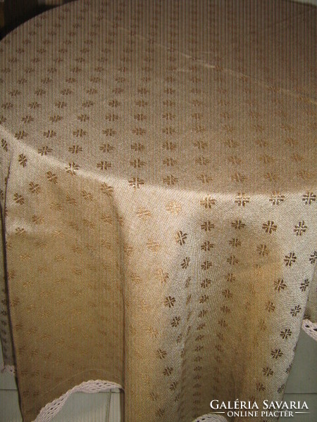 Dreamy, elegant, hand-crocheted edge, antique gold floral woven tablecloth